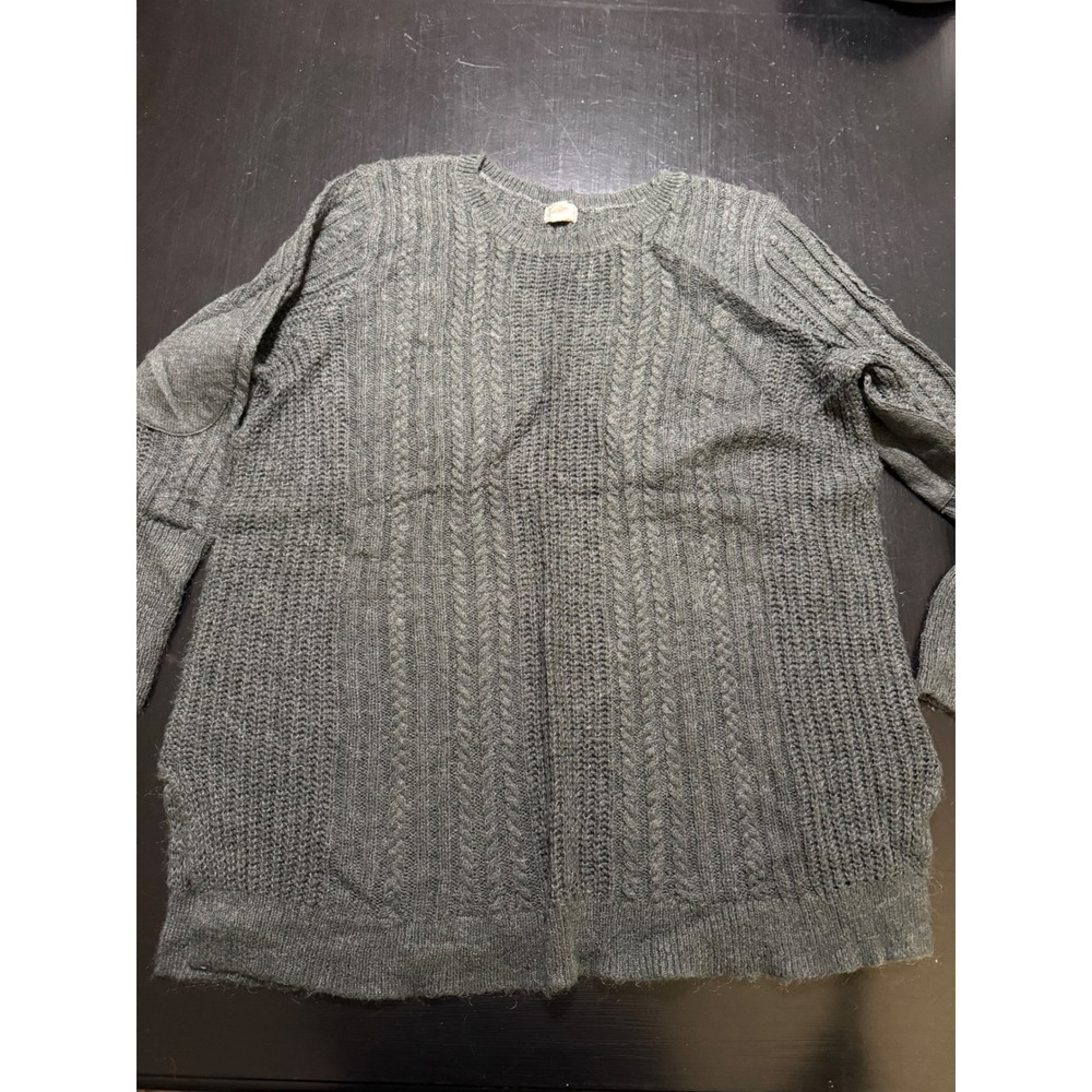 Caslon Women 2X Gray Cable Knit Sweater Mohair Wool Blend Elbow Patch Crew Neck